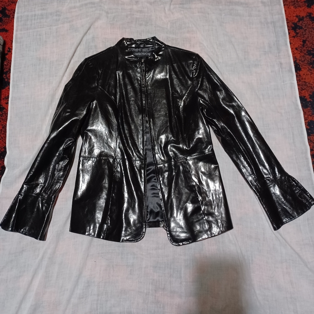 Pamela McCoy Shiny Black Patent Leather Jacket Small Unworn